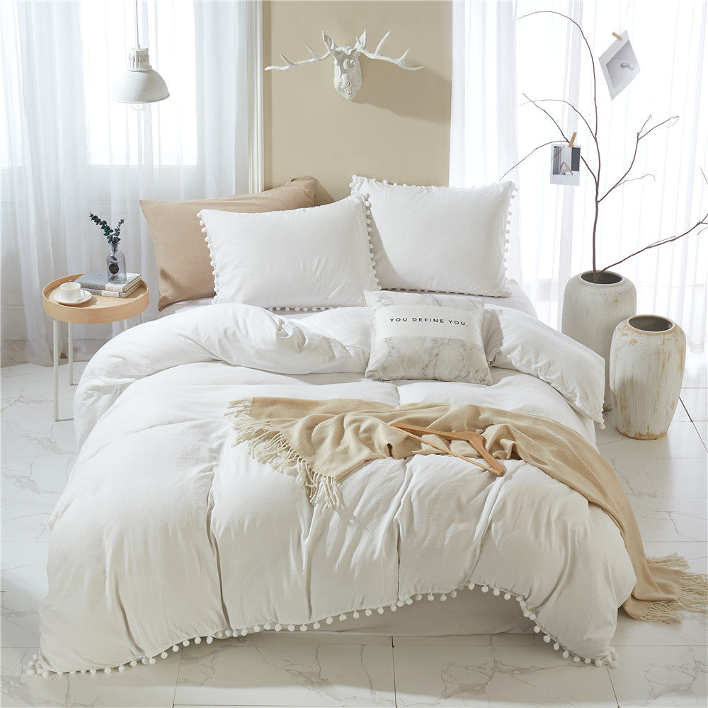 Solid Color Washed Ball Tassel Duvet Cover Set - 3 Pieces - Calm Cloud Bedding